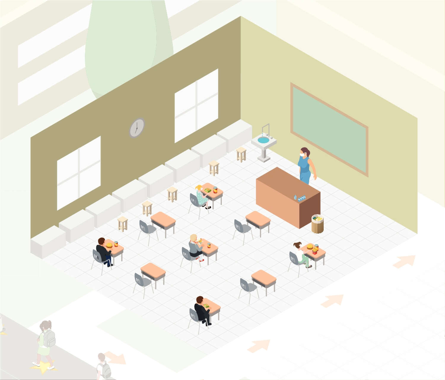 Drawing of school cafeteria with students sitting far apart.