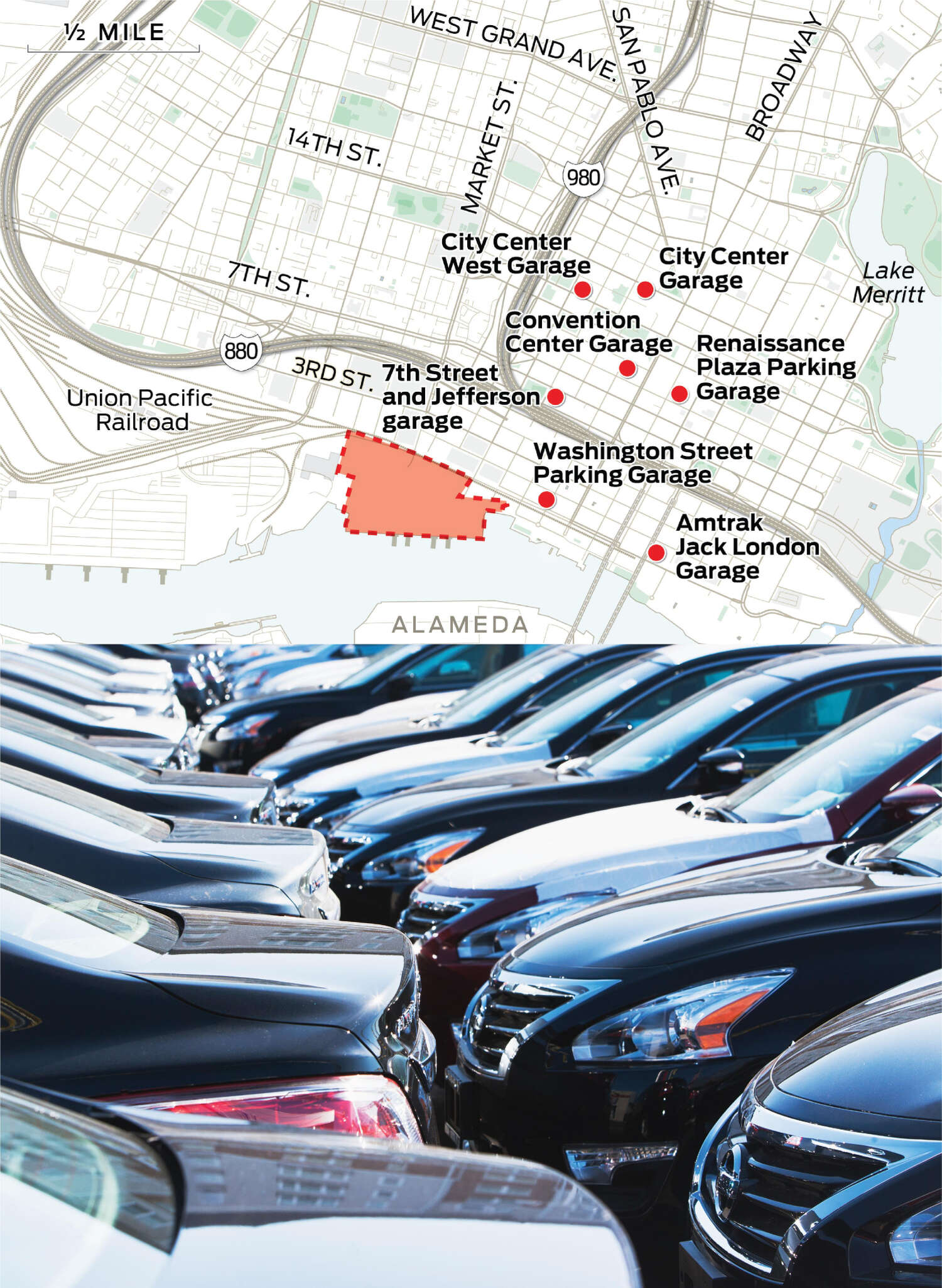 A selection of off-site parking garages near Howard Terminal is plotted on the map. A close-up of cars is shown.