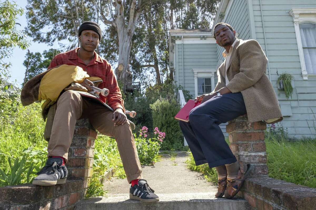 This image released by A24 shows Jimmie Fails, left, and Jonathan Majors in character from the film, "The Last Black Man in San Francisco." (David Moir/A24 via AP)