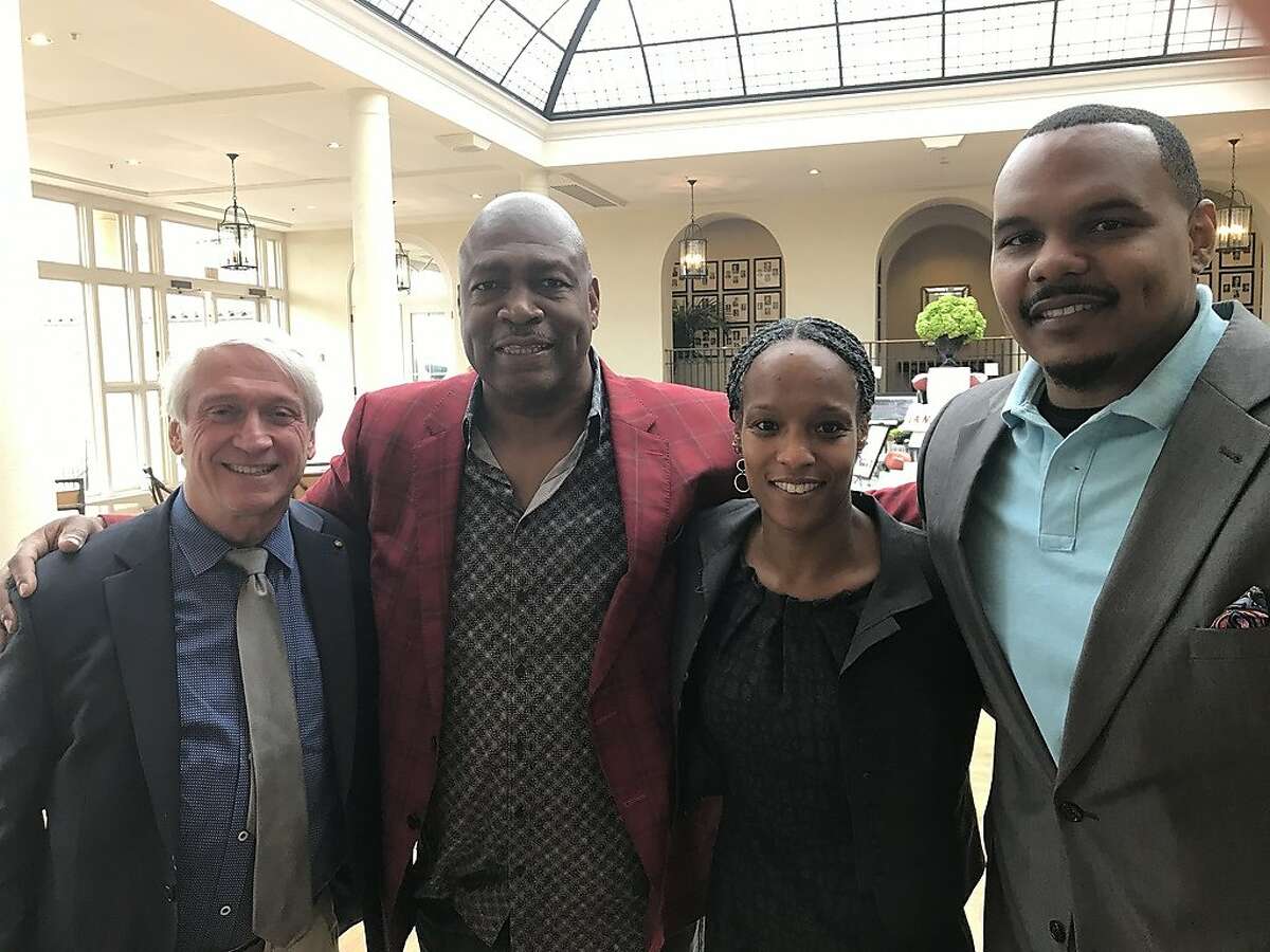 Participants in a panel discussion on mental health as part of the UCSF Health Celebrity Golf Classic at the Olympic Club: Cal psychology professor Steve Hinshaw, former 49ers defensive lineman Charles Haley, NFL vice-president Nyaka Niilampti and former NFL offensive lineman Chester Pitts.