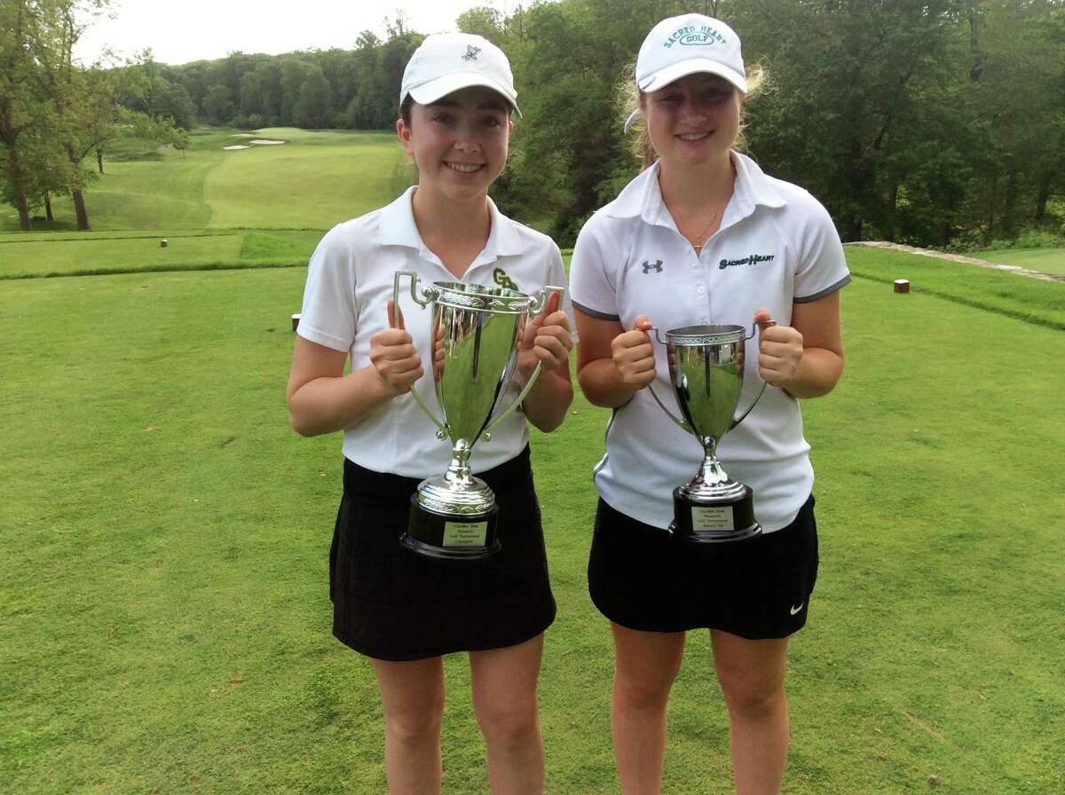 From left to right, Maryanne Grace of Greenwich Academy and MaryGrace Farrell of Sacred Heart Greenwich, finished first and second, respectively at the Caroline Dym ’18 FAA Memorial Tournament held at The Round Hill Club in Greenwich on Monday.