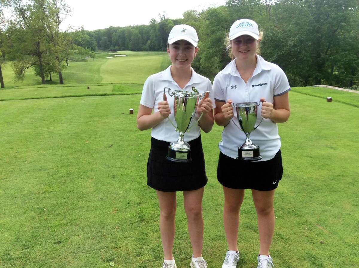 From left to right, Maryanne Grace of Greenwich Academy and MaryGrace Farrell of Sacred Heart Greenwich, finished first and second, respectively at the Caroline Dym ’18 FAA Memorial Tournament held at The Round Hill Club in Greenwich on Monday, May 21, 2019.