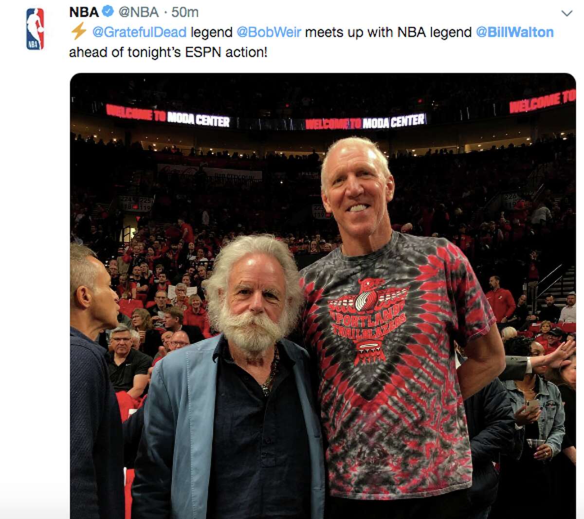 Former NBA player Bill Walton and Grateful Dead member Bob Weir at Game 4 of the Western Conference Finals.