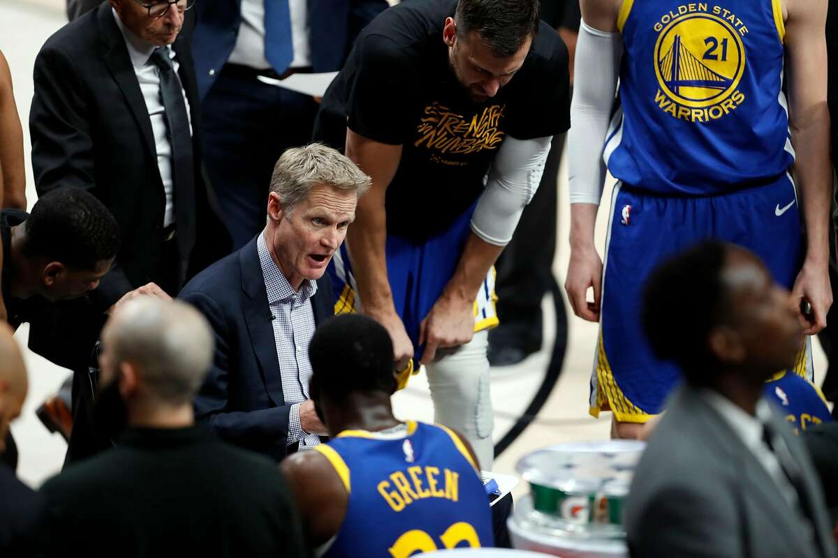 Golden State Warriors' head coach Steve Kerr during Warriors' 119-117 overtime win over Portland Trail Blazers in NBA Western Conference Finals' Game 4 at Moda Center in Portland, Oregon on Monday, May 20, 2019.