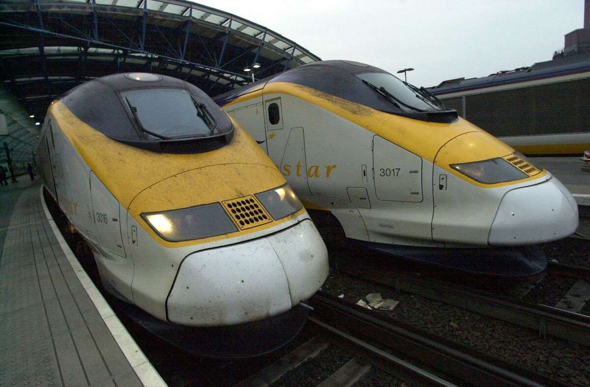 Electric locomotives for the Eurostar train that travels under the chunnel to Paris, France sit idle at Waterloo station in London, England.