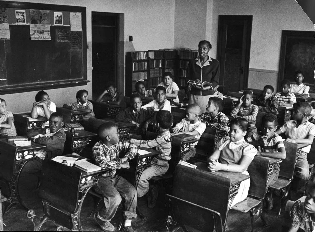 The segregated Monroe Elementary School in Topeka, Kansas, in 1953. Among the students are Linda Brown (front row, right) and her sister Terry Lynn (far left row, third from front) who, with their parents, initiated the landmark Civil Rights lawsuit Brown v. Board of Education.