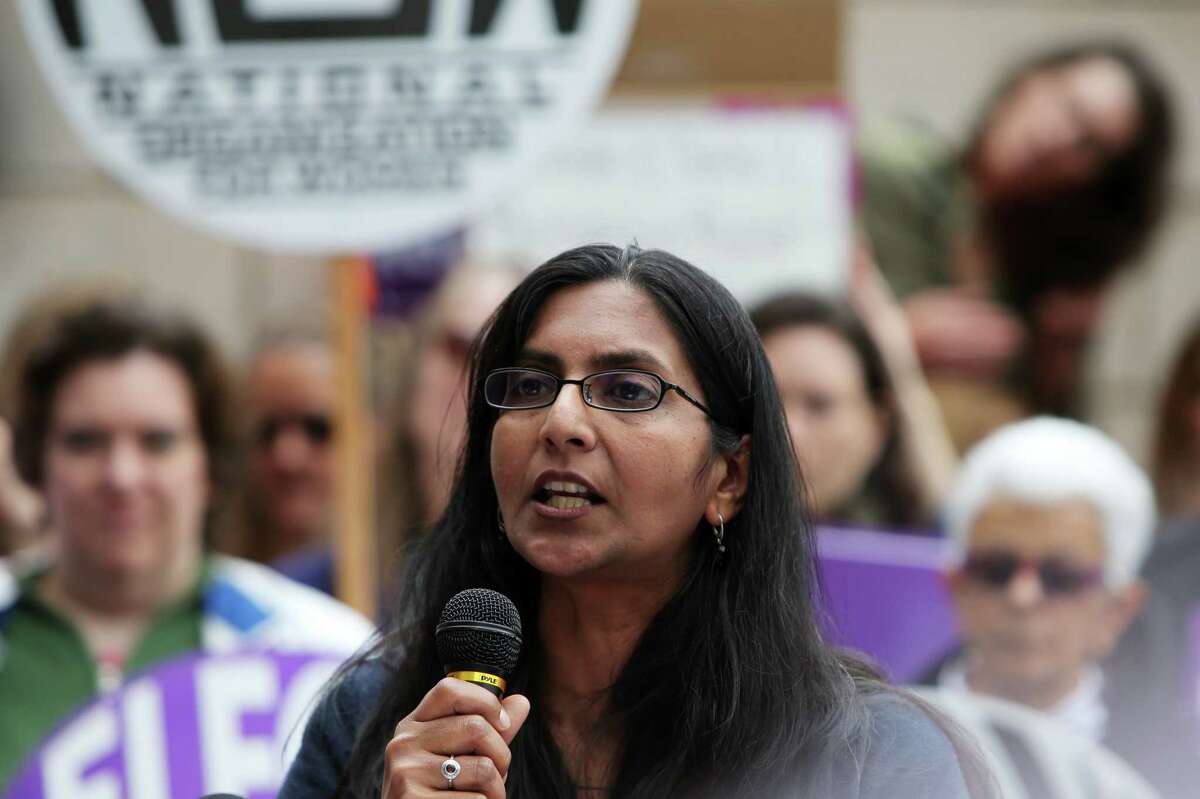 Seattle City Councilmember Kshama Sawant speaks to everal hundred people gathered outside of City Hall, Tuesday, as part of a national day of action protesting the strict abortion laws that have been making their way through the legislatures of various states, May 20, 2019. Speakers at the event, organized by NARAL Pro-Choice Washington, also included Seattle city council members Lorena Gonzalez and Teresa Mosqueda, Mayor Jenny Durkan and state Attorney General Bob Ferguson.