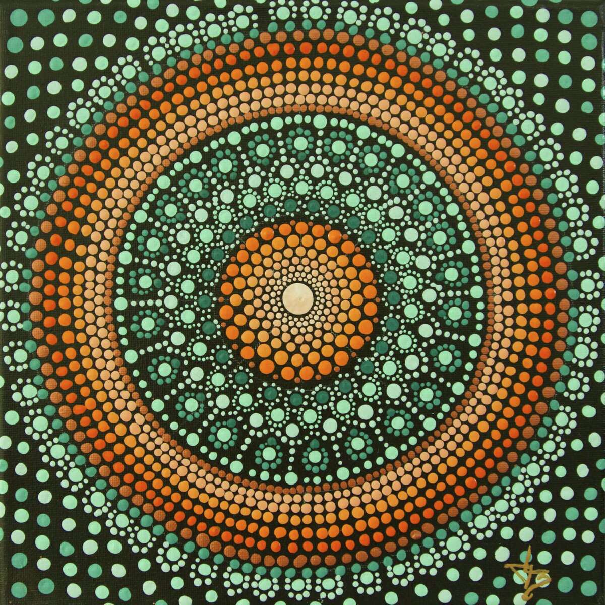 Above, “Orange Wheel on Teal,” acrylic with high gloss varnish on gallery wrapped canvas, by Deborah Churchill.