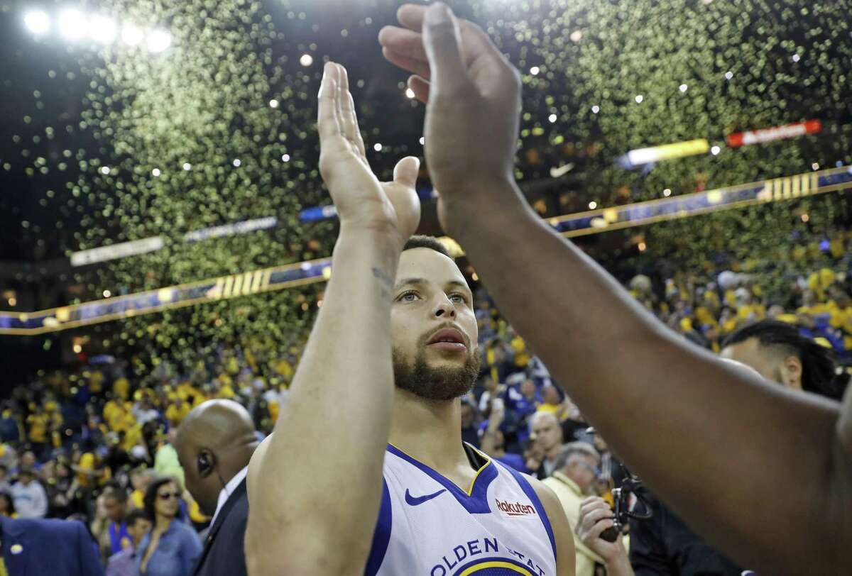 Golden State Warriors' Stephen Curry after Warriors' 116-94 win over Portland Trail Blazers in Game 1 of NBA Western Conference Finals at Oracle Arena in Oakland, Calif., on Tuesday, May 14, 2019.