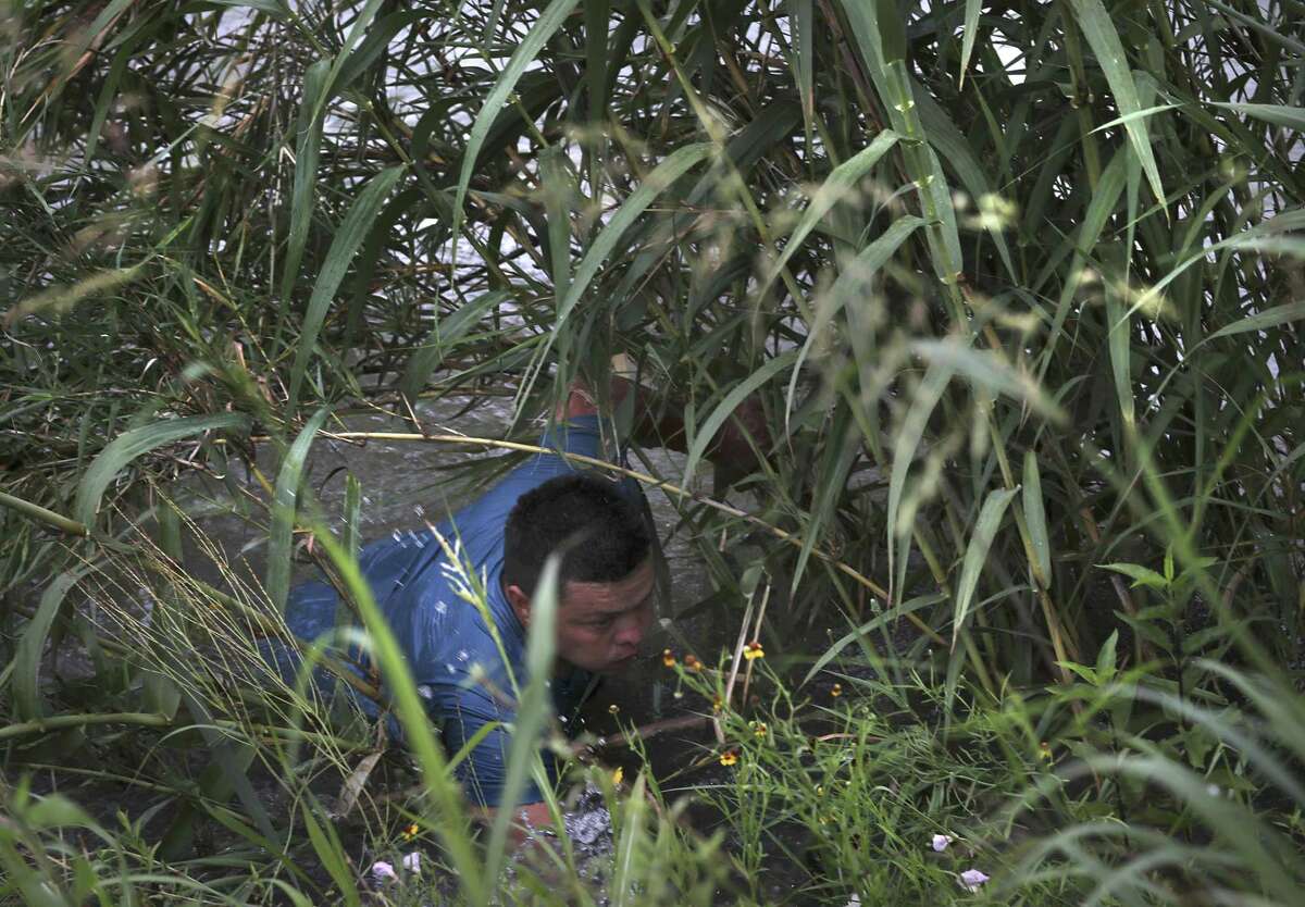 A migrant man makes his way through carrizo cane as he crosses the Rio Grande River in Eagle Pass, on Friday, May 10, 2019.