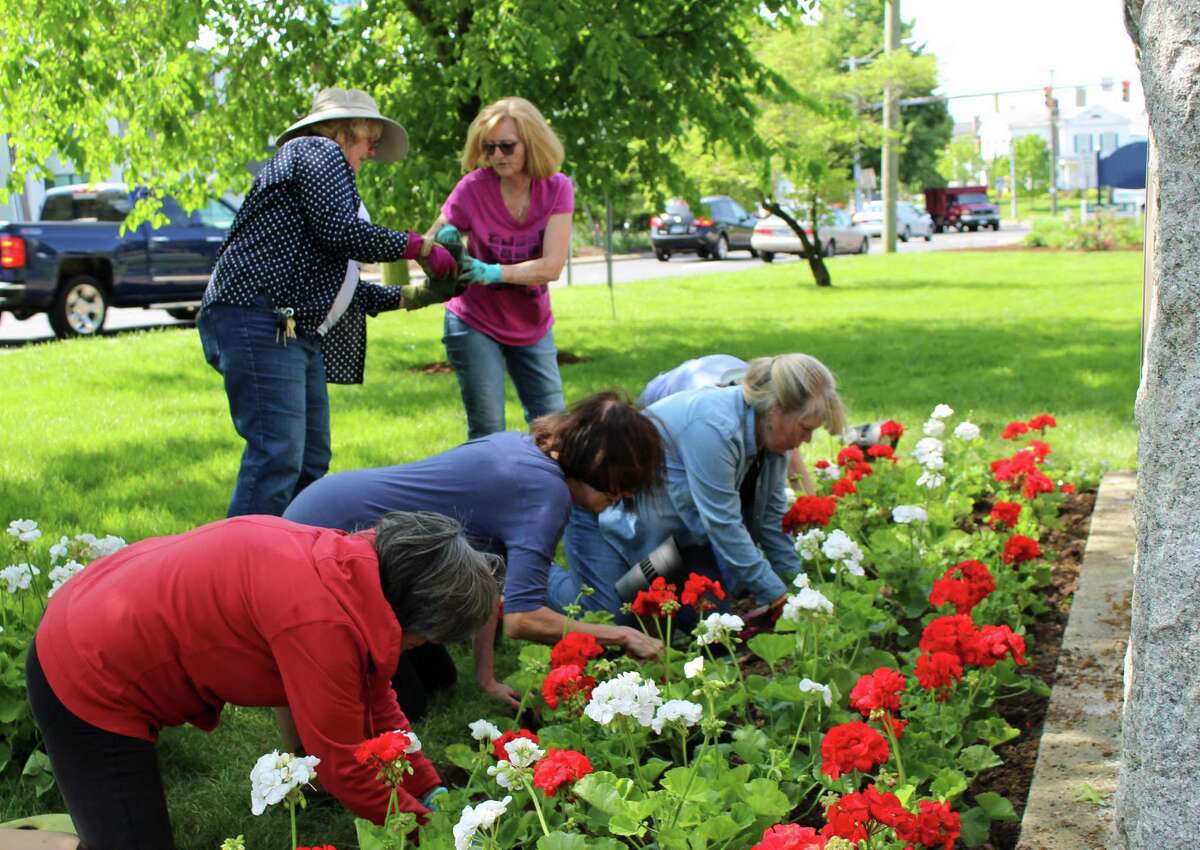 Norwalk Garden Club plants the green red, white and blue for Memorial Day