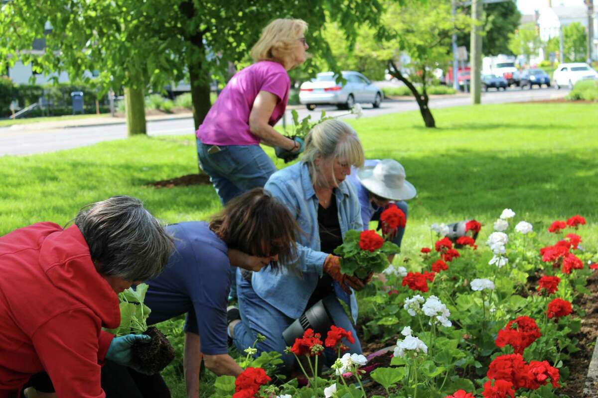 Norwalk Garden Club plants the green red, white and blue for Memorial Day