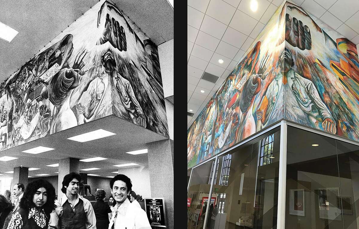 A Mission District mural in the Bank of America branch at Mission and 23rd streets. Photos taken in 1974 and 2019 by Stephanie Maze and Peter Hartlaub.