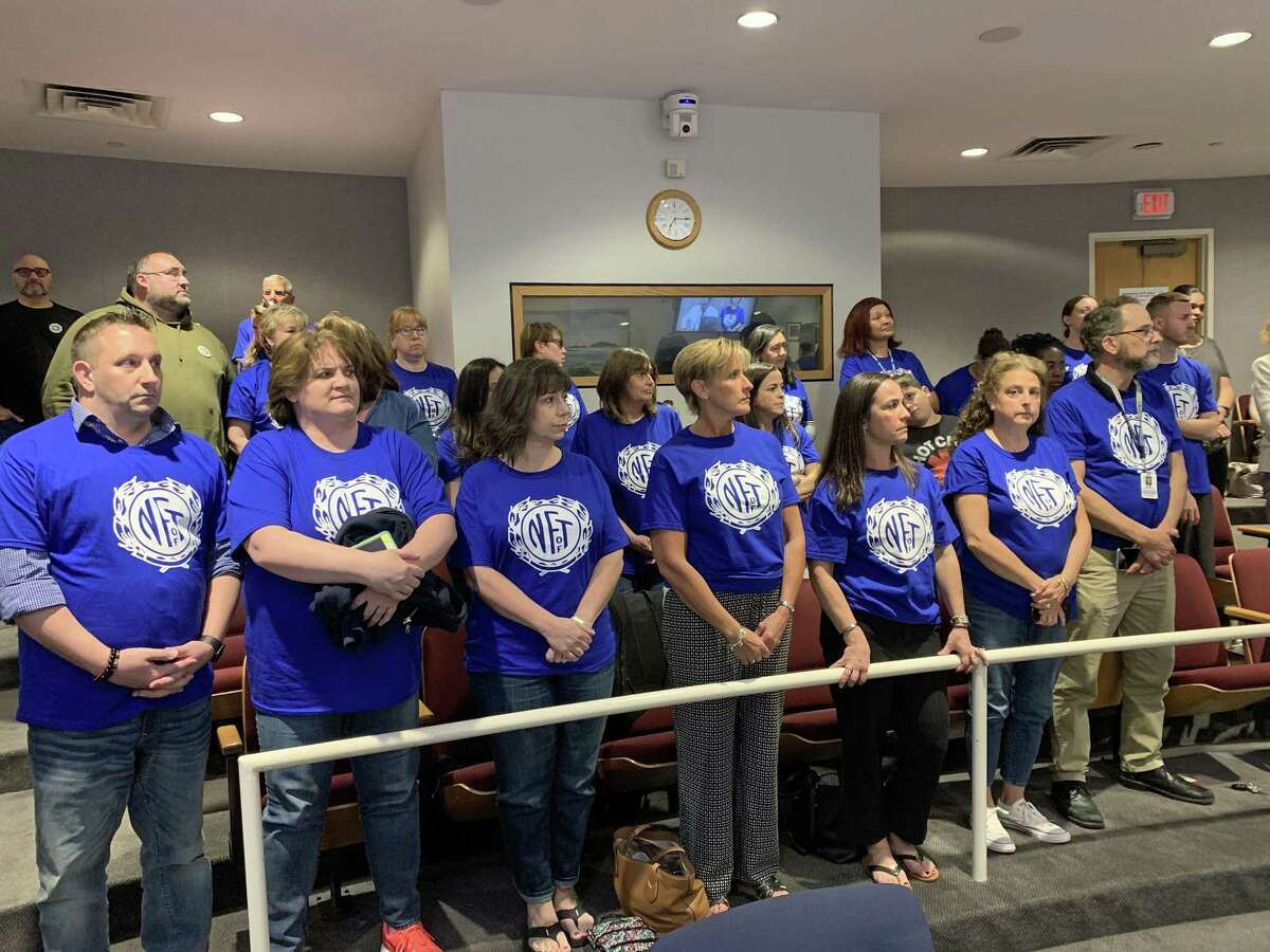Kendall Elementary School teachers attended the Tuesday, May 22, 2019 meeting of the Norwalk Board of Education to protest the "year-round" school proposal at Kendall.