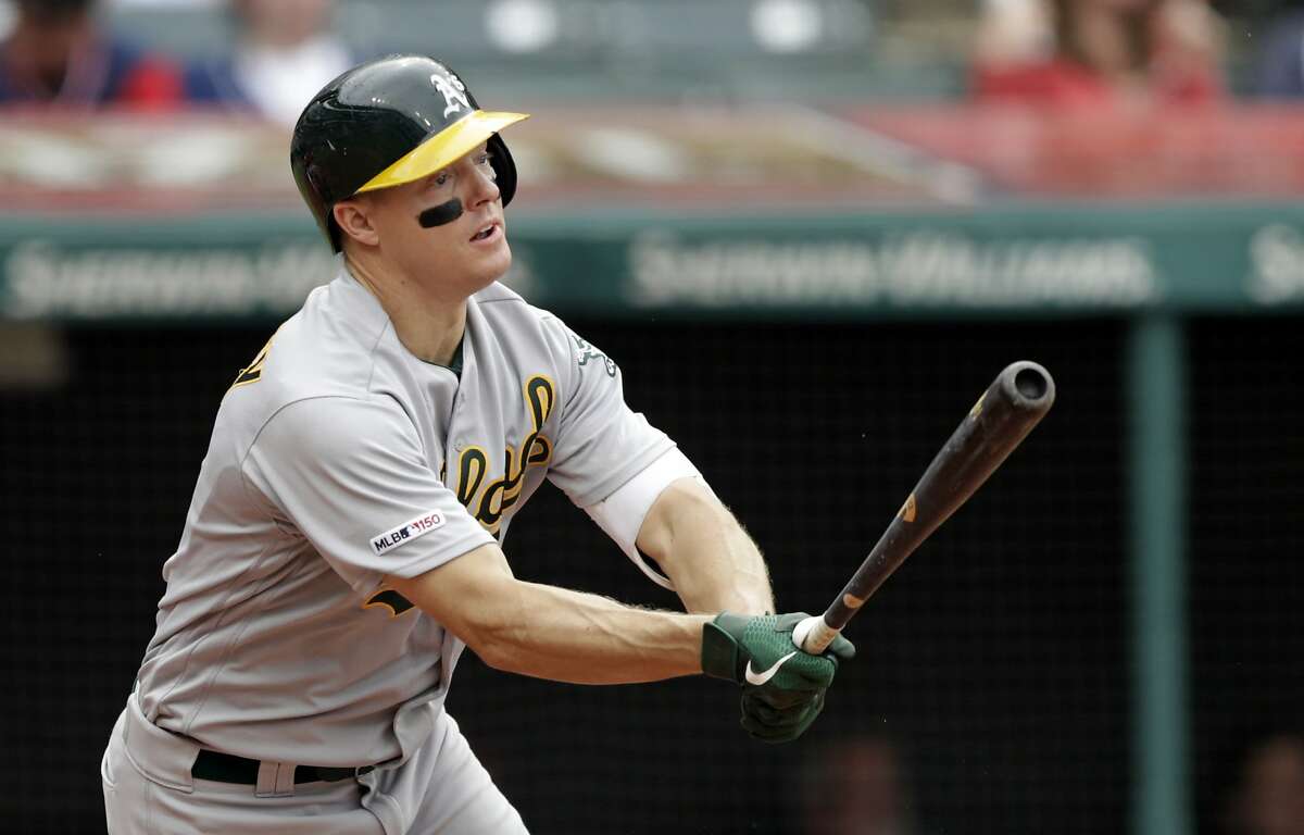 Oakland Athletics' Nick Hundley watches his ball after hitting a one-run double off Cleveland Indians relief pitcher Tyler Clippard in the seventh inning of a baseball game, Wednesday, May 22, 2019, in Cleveland. Ramon Laureano scored on the play. (AP Photo/Tony Dejak)