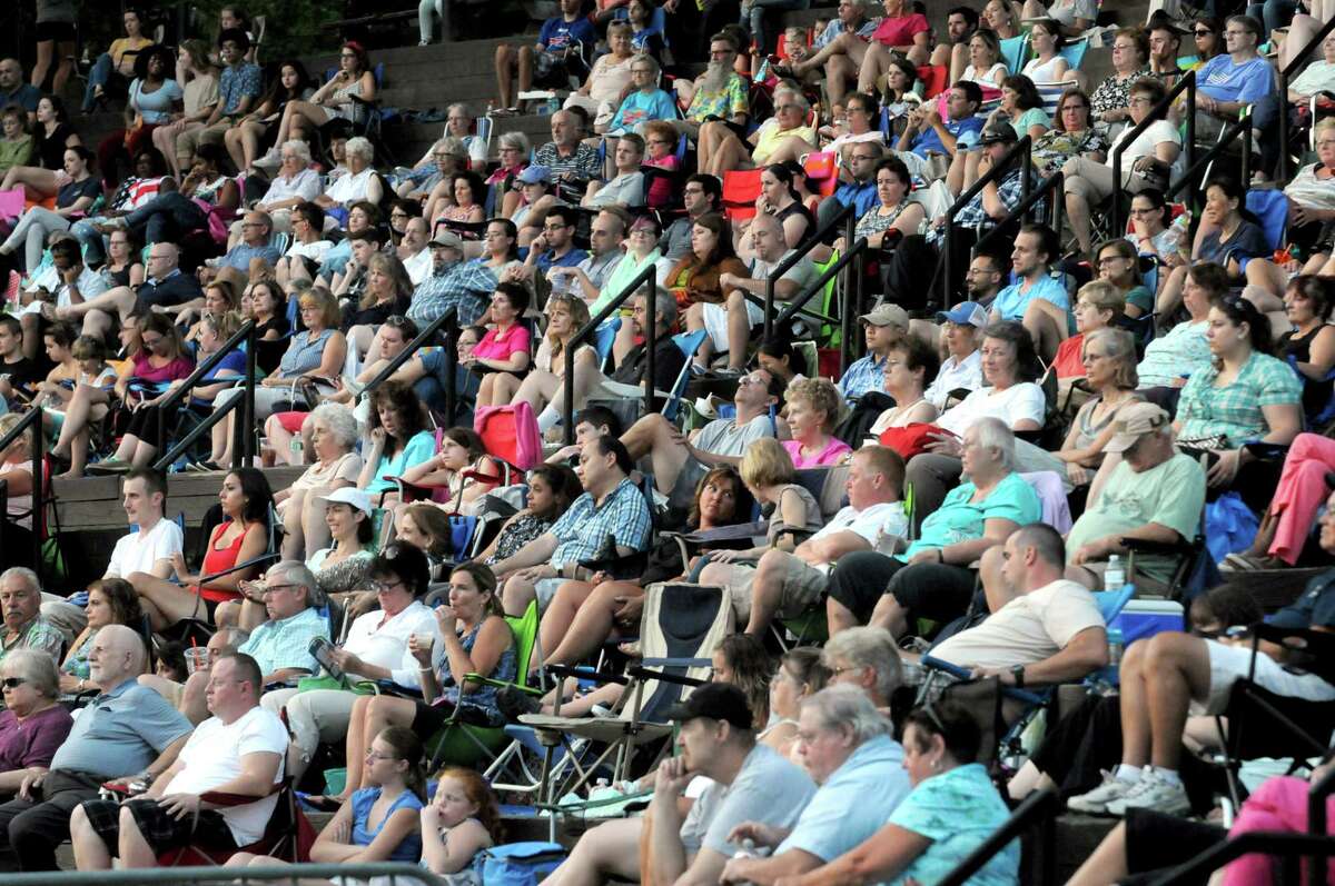 A large crowd watches the Park Playhouse performance of "The Pajama Game" at Washington Park on Wednesday Aug. 19, 2015 in Troy, N.Y. (Michael P. Farrell/Times Union)