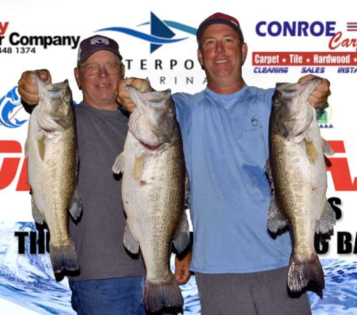 David Bozarth and Russell Cecil came in first place in the CONROEBASS Tuesday Tournament with a stringer weight of 22.60 pounds.  They also had big bass for the tournament weighing 10.46 pounds.