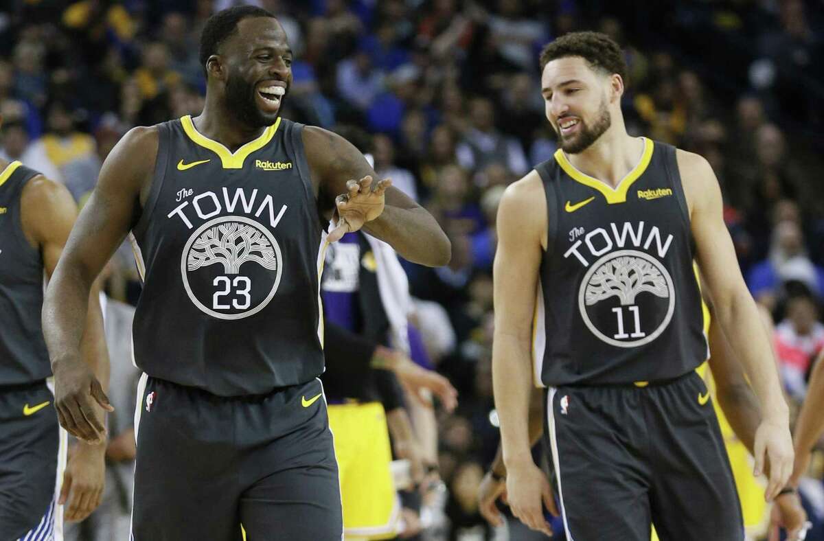 On Wednesday May 22, 2019, Klay Thompson made his first All-Defensive team and Draymond Green tied Nate Thurmond (1971-74) for the franchise’s most All-Defensive Team selections with five. Golden State Warriors forward Draymond Green (23) and guard Klay Thompson (11) celebrate in the first half of an NBA game against the Los Angeles Lakers at Oracle Arena on Saturday, Feb. 2, 2019, in Oakland, Calif.