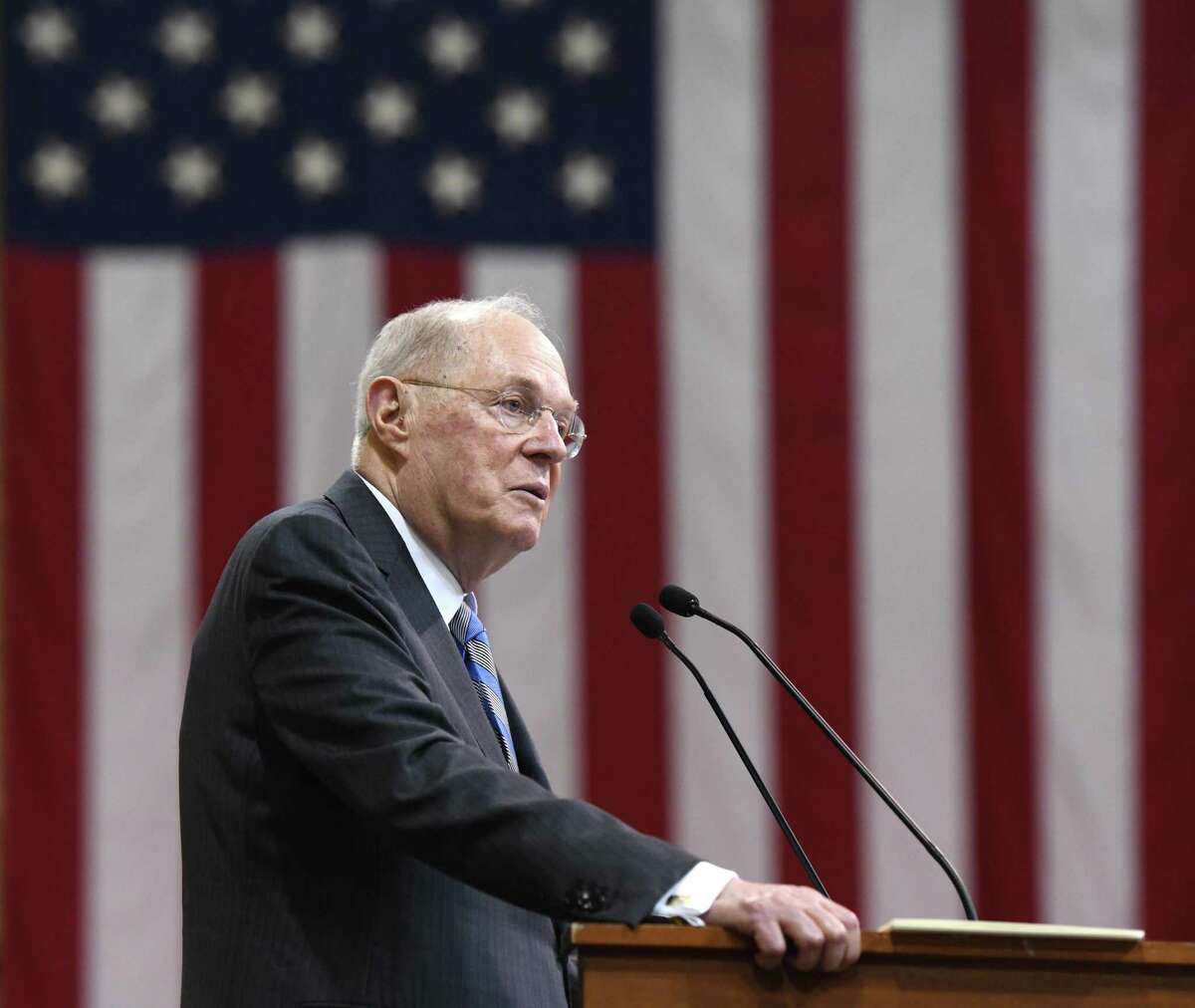 Retired United States Supreme Court Associate Justice Anthony Kennedy speaks at the Brunswick School 117th Commencement at Brunswick's School's Dann Gymnasium in Greenwich, Conn. Wednesday, May 22, 2019. Retired Supreme Court Associate Justice Anthony M. Kennedy gave the commencement speech before 100 new graduates walked across the stage.