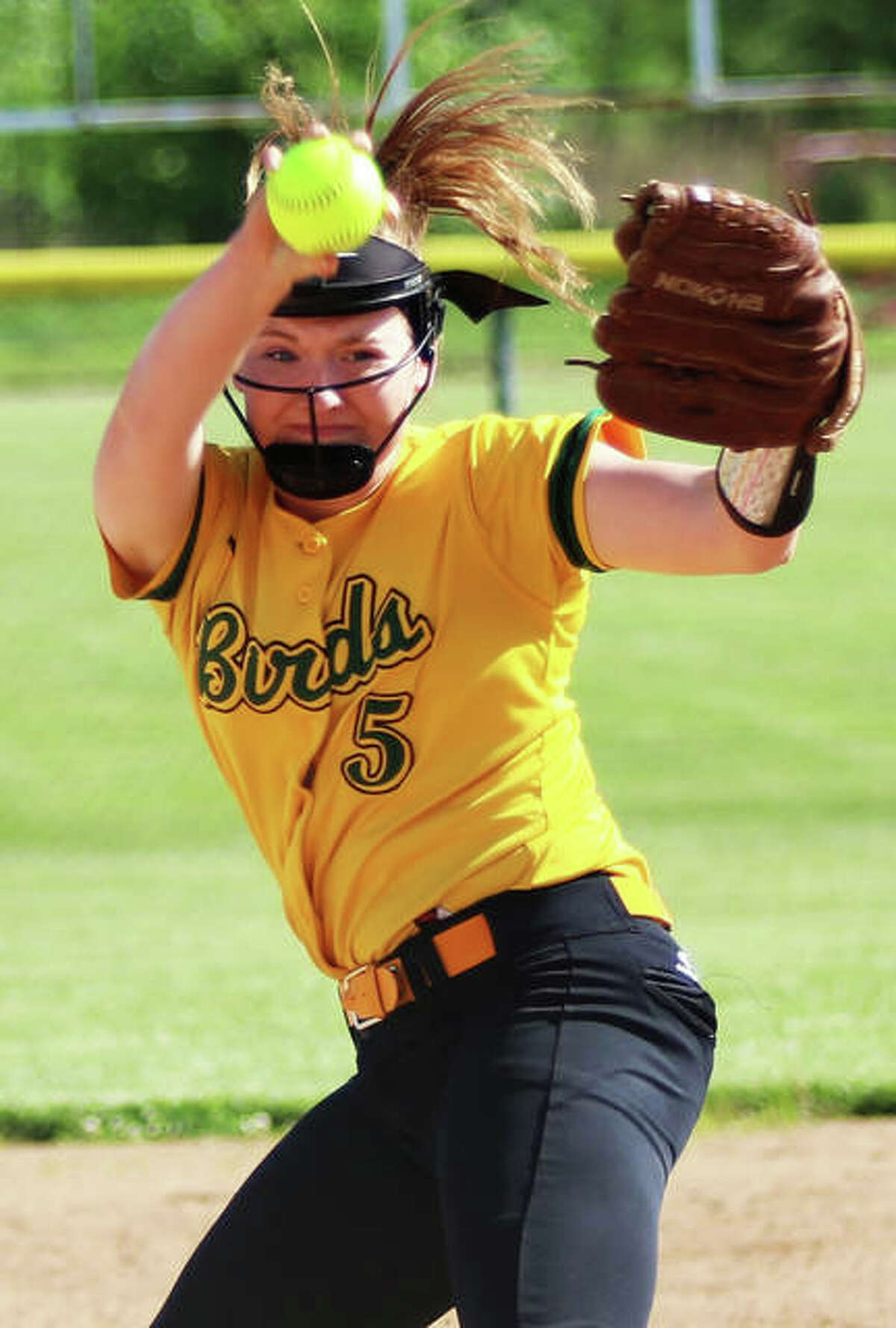 Southwestern pitcher Bailey Nixon delivers for one of her 14 strikeouts in a two-hit against Williamsville on Wednesday at the Litchfield Class 2A Sectional.