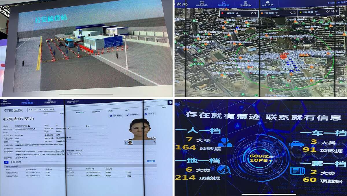 Pictures from presentations by the China Electronics Technology Corporation at recent industry shows, in China, May 13, 2019. China’s leaders are investing billions of dollars in high-tech surveillance, making Xinjiang an incubator for increasingly intrusive policing systems that could spread across the country and beyond. (Paul Mozur/The New York Times)