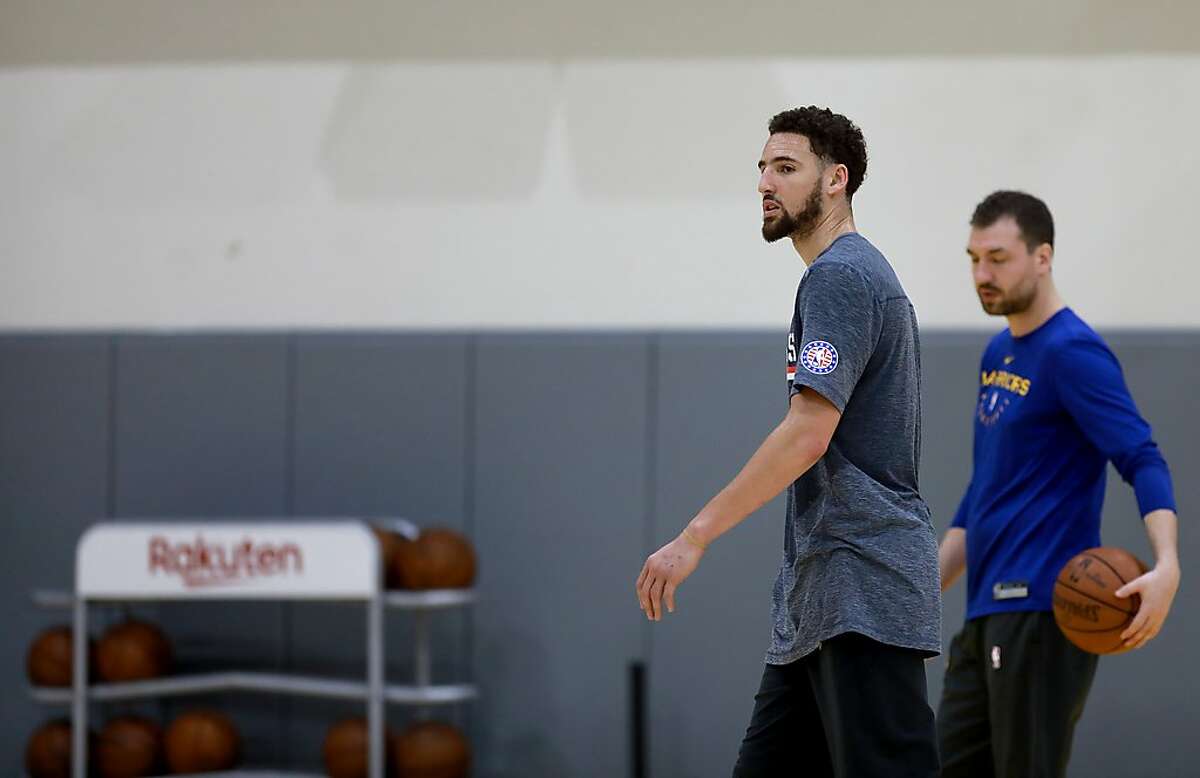 Golden State Warriors shooting guard Klay Thompson exits the court following basketball practice at the Rakuten Performance Center in Oakland, Calif., on Thursday, May 23, 2019.