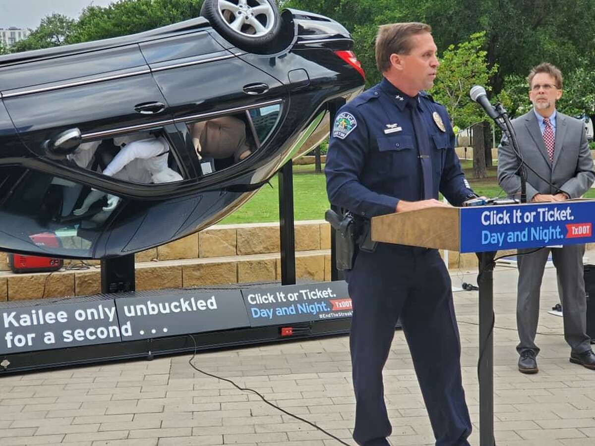 Assistant Chief Justin Newsom with the Austin Police Department speaks during the 2019 "Click it or Ticket" campaign kick-off ceremony on May 1.