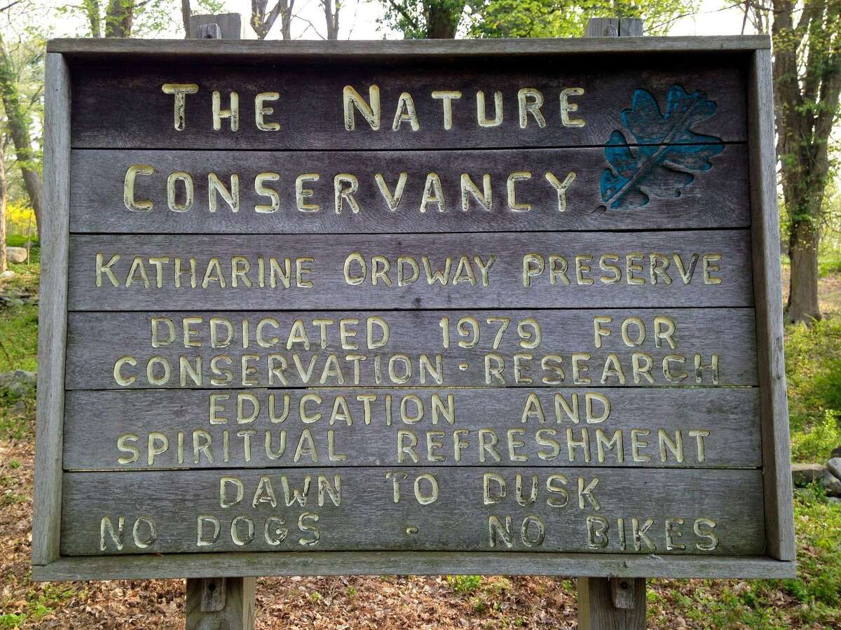 A sign at the Nature Conservancy’s Katharine Ordway Preserve off Goodhill Road in Weston.