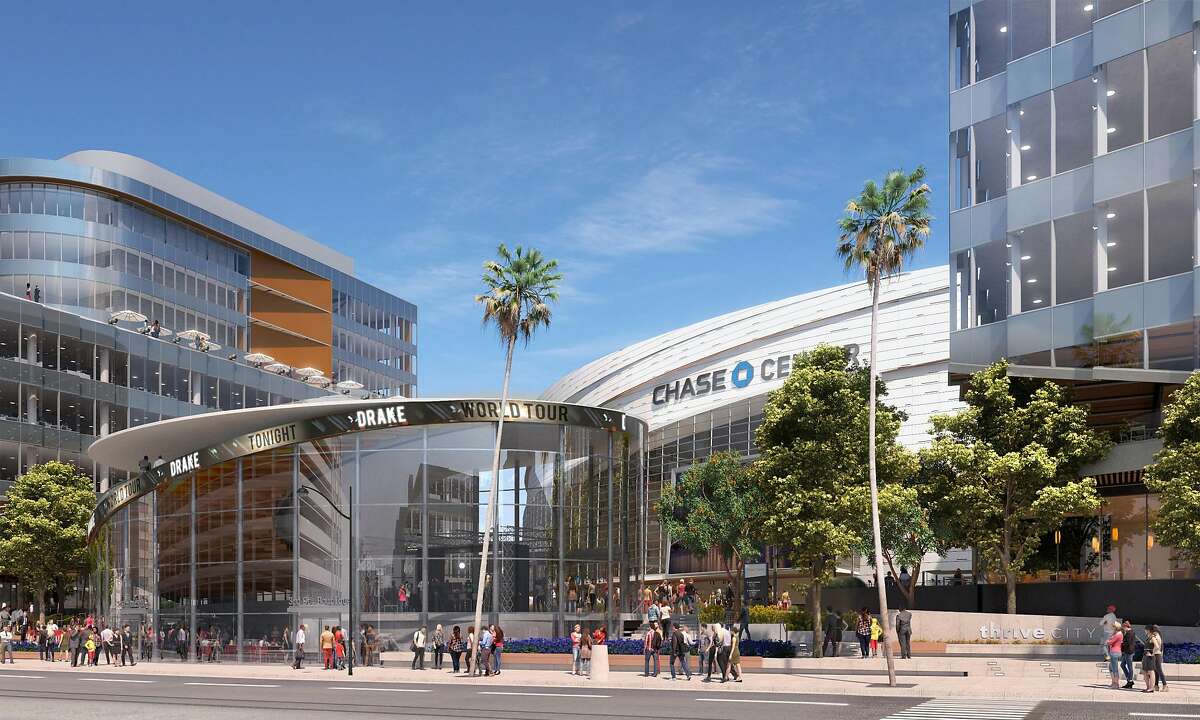 This rendering, provided on Friday, May 24, 2019, shows part of the planned 11-acre plaza to be called "Thrive City" around the Chase Center arena in San Francisco.