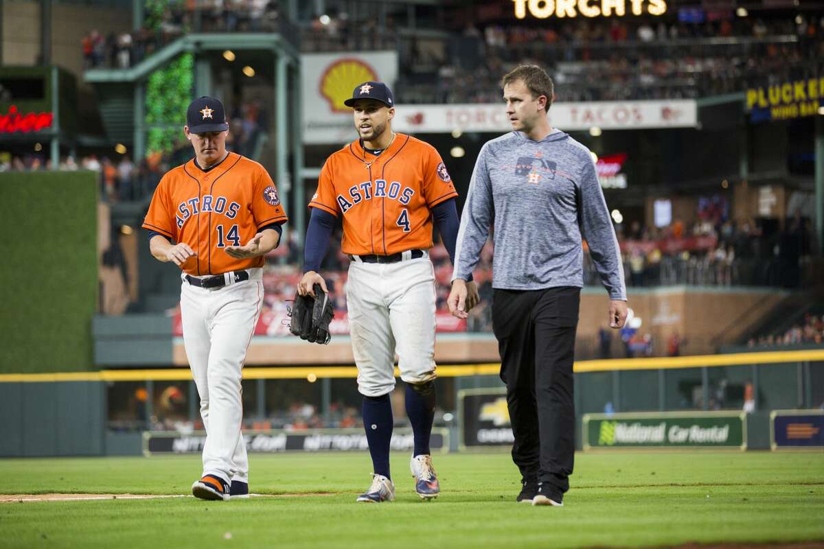 PHOTOS: 2019 Astros game-by-game  Houston Astros center fielder George Springer (4) returns to the dugout with an injury during a game against the Boston Red Sox on Friday, May 24, 2019, in Houston. >>>See how the Astros have fared so far this season ... 