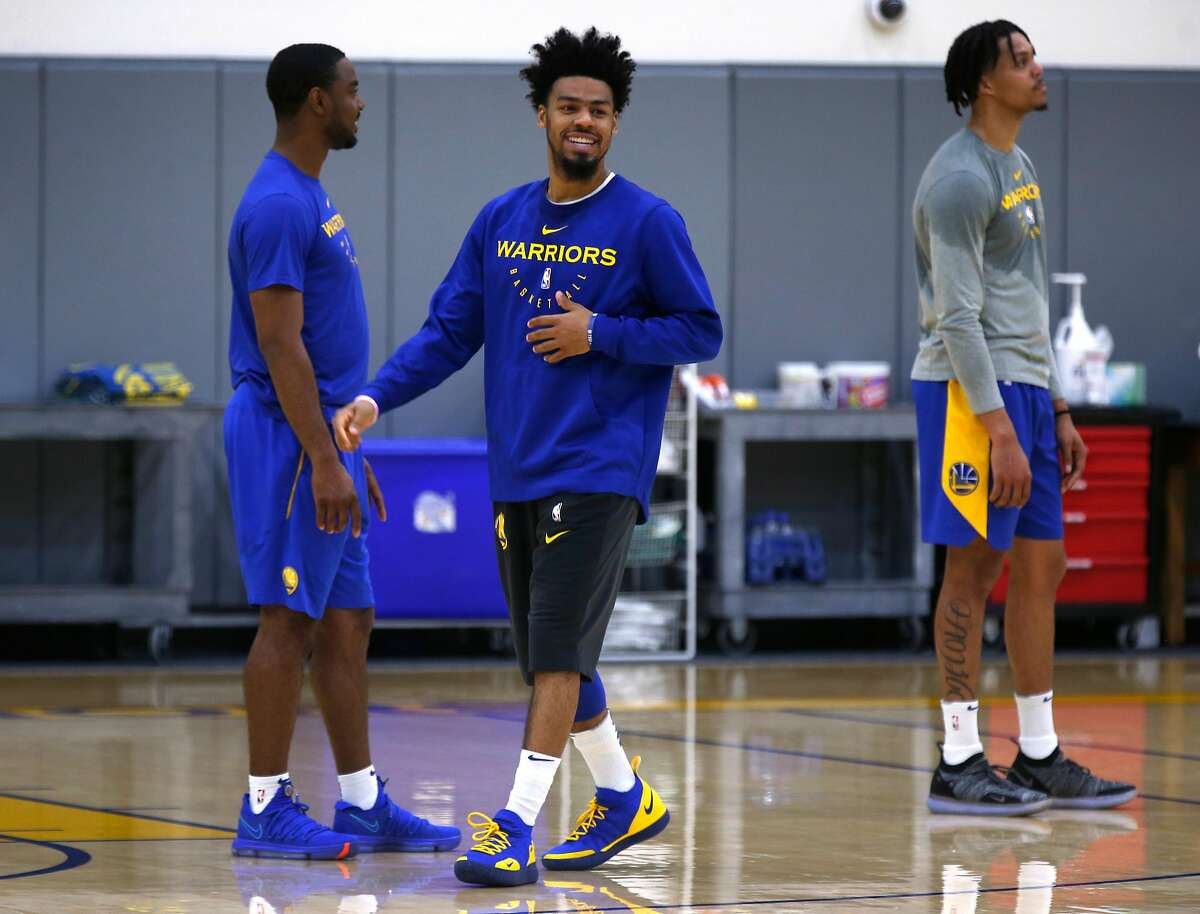 Quinn Cook smiles during a practice session at the Golden State Warriors training facility in Oakland, Calif. on Saturday, May 25, 2019.