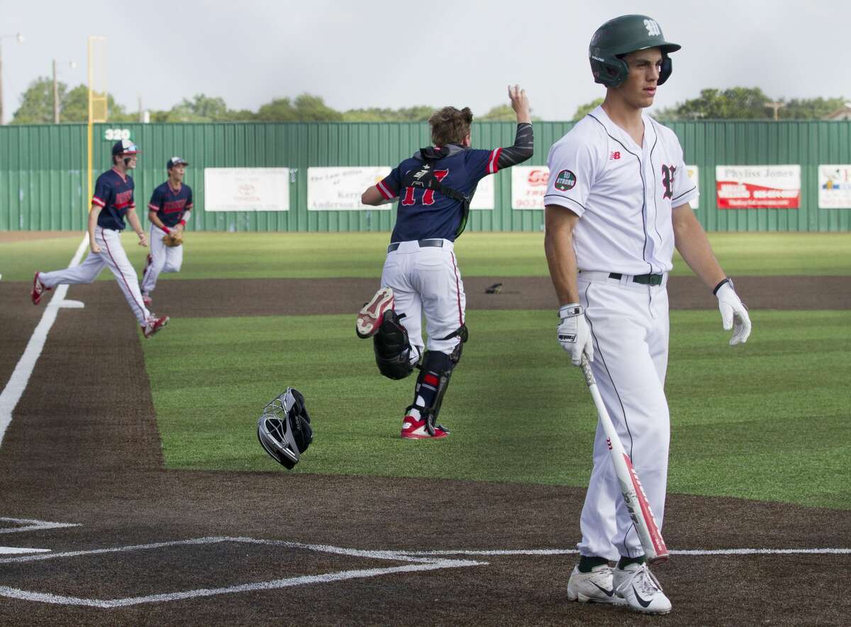 PJ Villarreal #2 of The Woodlands reacts after striking out to end Game 3 of a Region II-6A semifinal high school baseball series at Corsicana High School, Saturday, May 25, 2019, in Corsicana. McKinney Boyd defeated The Woodlands 6-1.