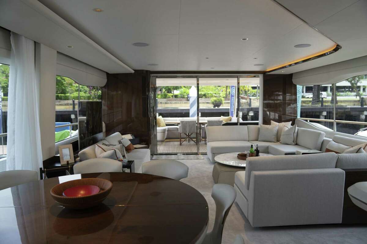 Furniture sits in the salon onboard a Princess Yachts International Plc Y85 motor yacht moored during a media tour at Sentosa Cove in Singapore, on Thursday, May 16, 2019. Princess Yachts launched its newest fleet of yachts in Asia on May 16. Photographer: Wei Leng Tay/Bloomberg