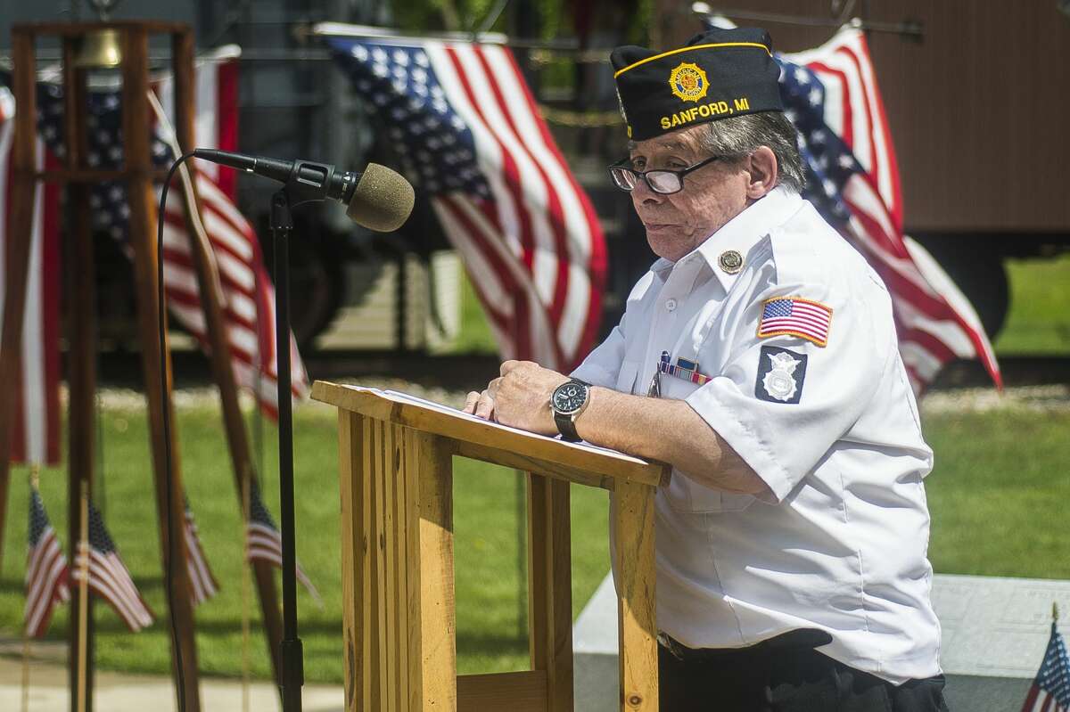 Sanford American Legion Post 443 Commander Mark Authier speaks during a veterans' tribute ceremony on Saturday, May 25, 2019 at the Sanford Centennial Museum. (Katy Kildee/kkildee@mdn.net)
