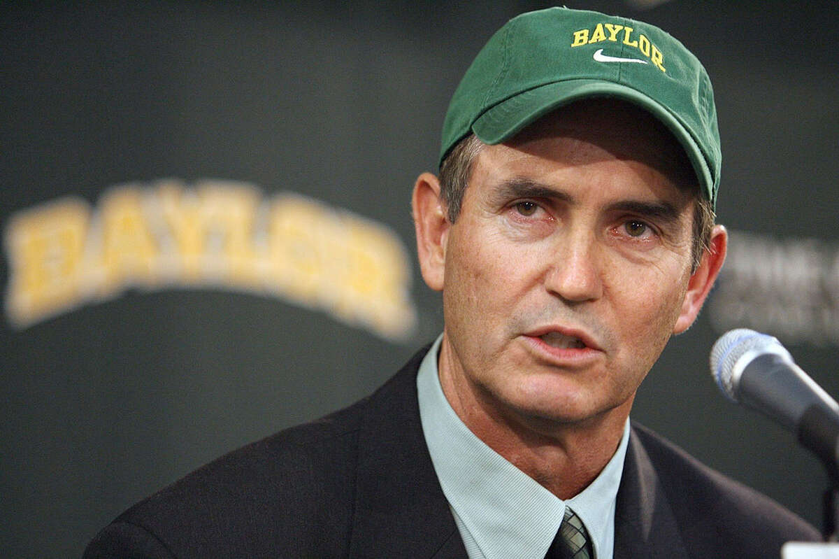 FILE - In this Nov. 28, 2007, file photo, Art Briles answers questions after being introduced as the new coach of the Baylor University football team during a press conference in Waco, Texas. (AP Photo/Duane A. Laverty, File)