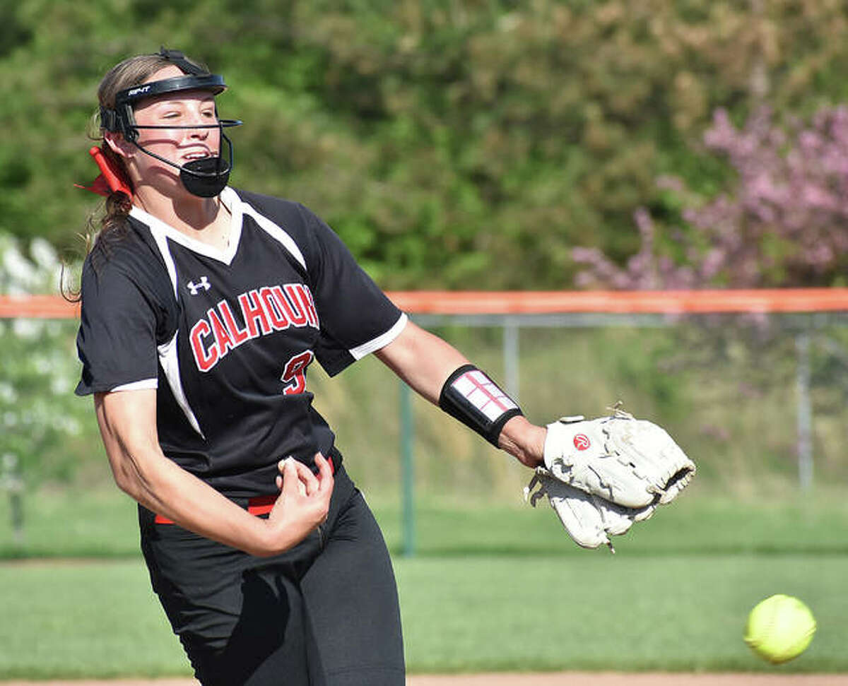Calhoun pitcher Sydney Baalman delivers a pitch during a Warriors win at Edwardsville on April 22. The 29-4 Warriors will play Windsor on Monday in the Springfield Class 1A Super-Sectional.