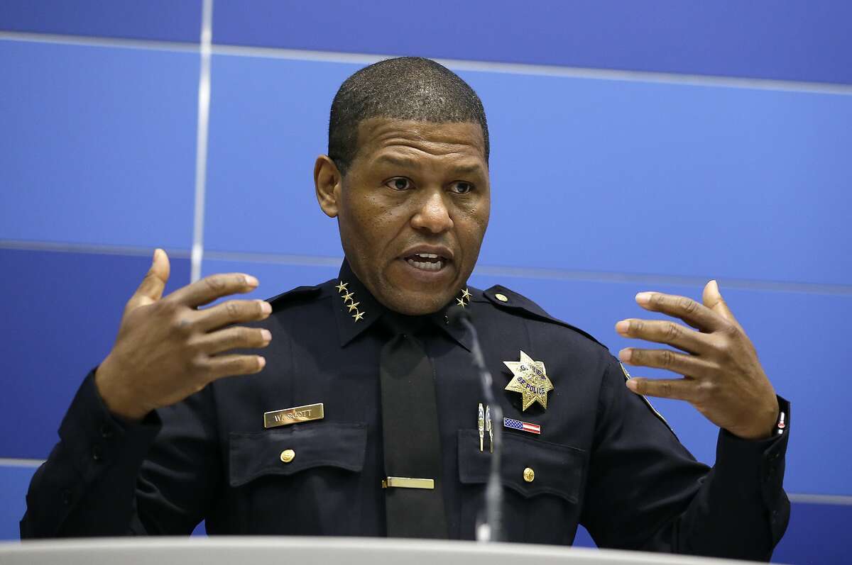 San Francisco Chief of Police William Scott answers questions during a news conference Tuesday, May 21, 2019, in San Francisco. Police agreed Tuesday to return property seized from a San Francisco journalist in a raid, but the decision did little to ease tensions in the case, which has alarmed journalism advocates and put pressure on city leaders. Authorities have said the May 10 raids on freelancer Bryan Carmody's home and office were part of an investigation into what police called the illegal leak of a report on the death of former Public Defender Jeff Adachi, who died unexpectedly in February.(AP Photo/Eric Risberg)