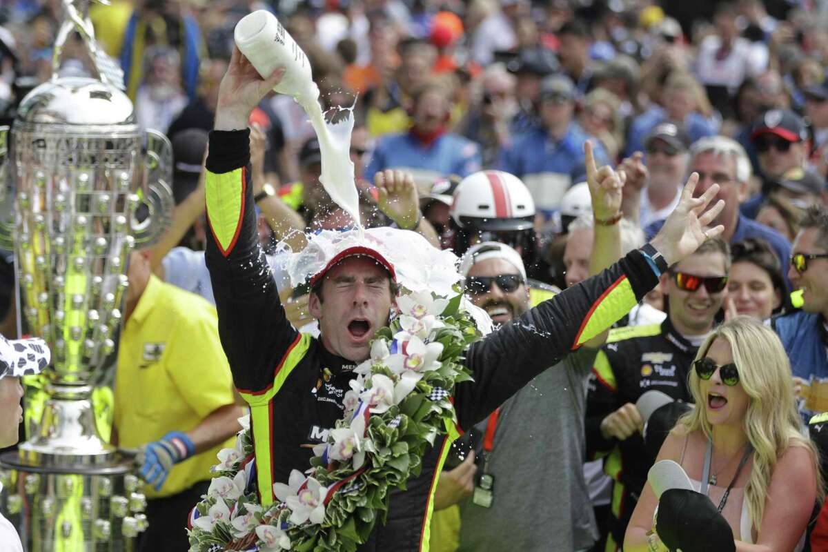 Simon Pagenaud, of France, celebrates after winning the Indianapolis 500 IndyCar auto race at Indianapolis Motor Speedway, Sunday, May 26, 2019, in Indianapolis. (AP Photo/Darron Cummings)