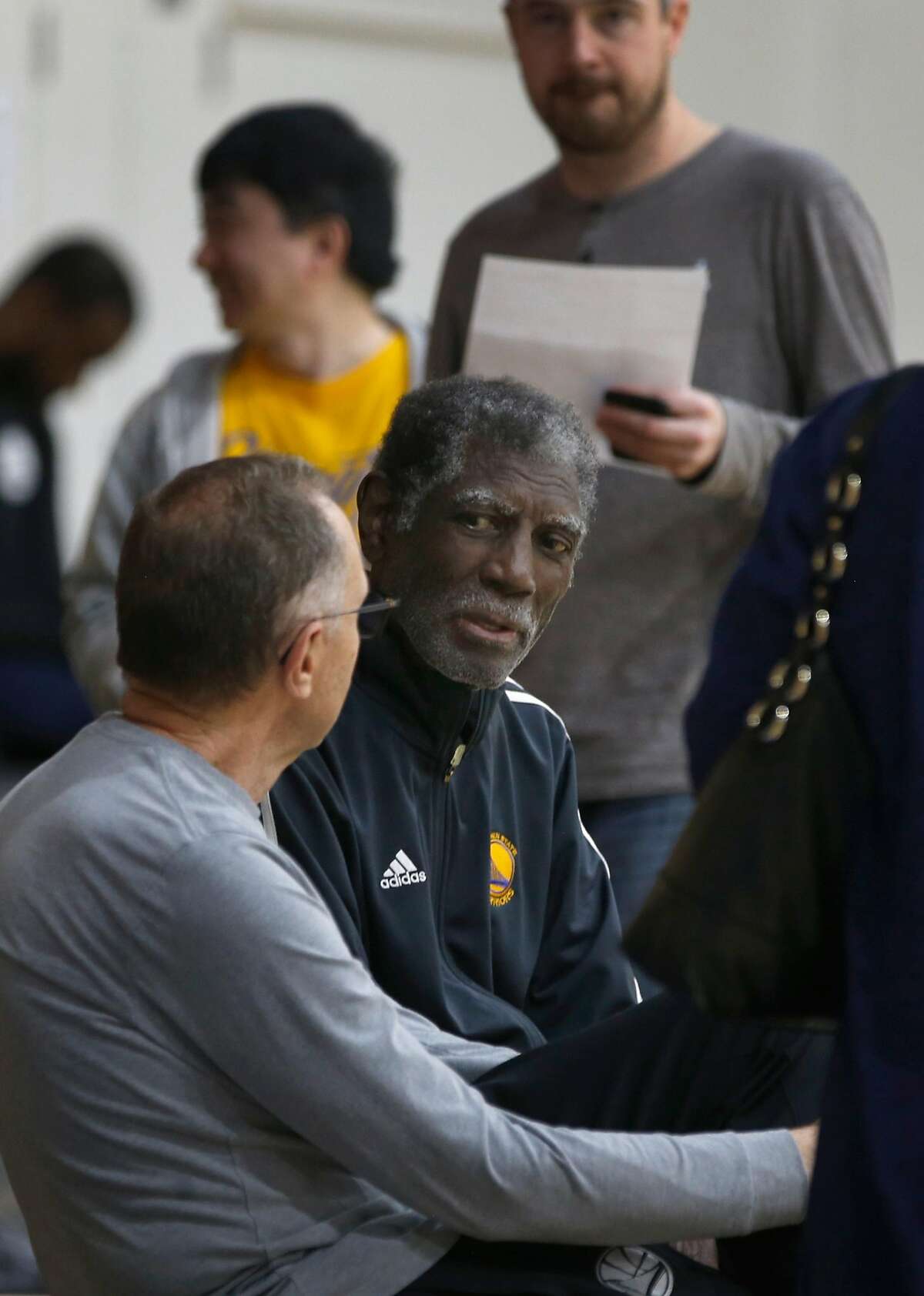 Legendary Golden State Warriors head coach Alvin Attles meets with current assistant coach Ron Adams during a practice session at the team�s training facility in Oakland, Calif. on Saturday, May 25, 2019.