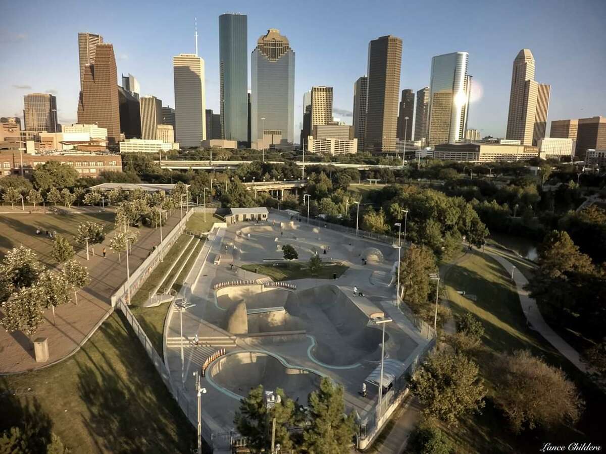 View of downtown over the Jamail Skatepark in Houston