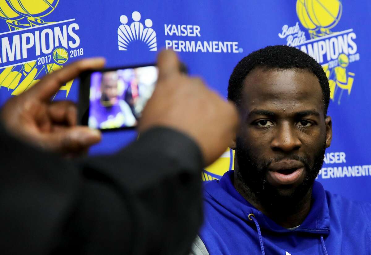 Golden State Warriors forward Draymond Green talks to the media during basketball practice at the Rakuten Performance Center in Oakland, Calif., on Thursday, May 23, 2019.