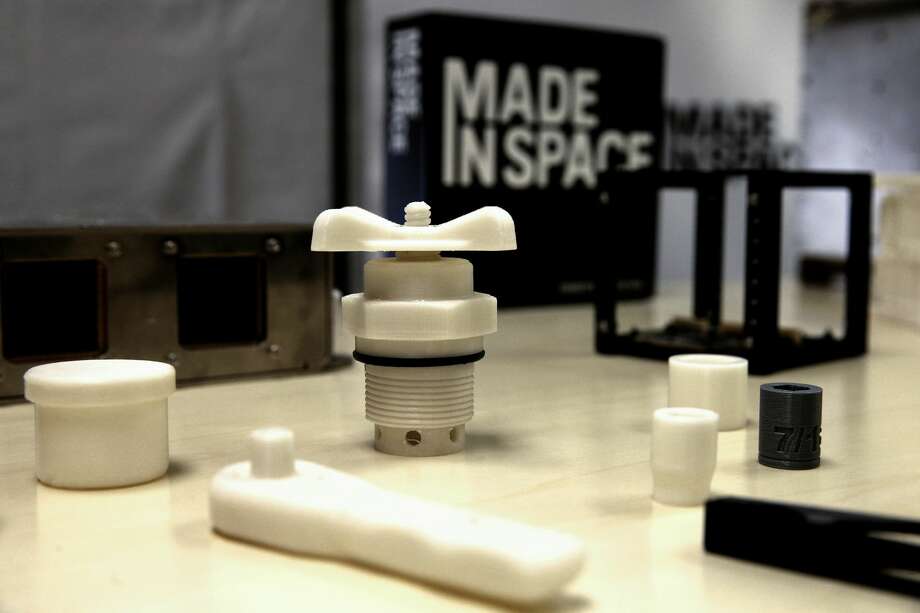 A few example of the types of parts that can be made with a 3D printer in space are displayed at Made In Space on February 19, 2016, in Mountain View, California. (Michael Macon/San Francisco Chronicle)