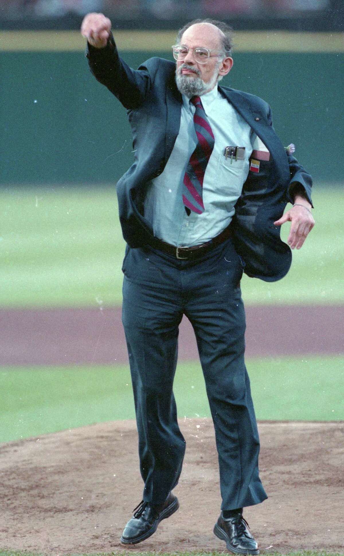 Allen Ginsberg throws a solid first pitch at a Giants game.
