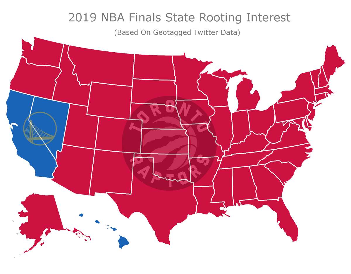 A map based on geotagged Twitter data shows who America is rooting for in the 2019 NBA Finals.