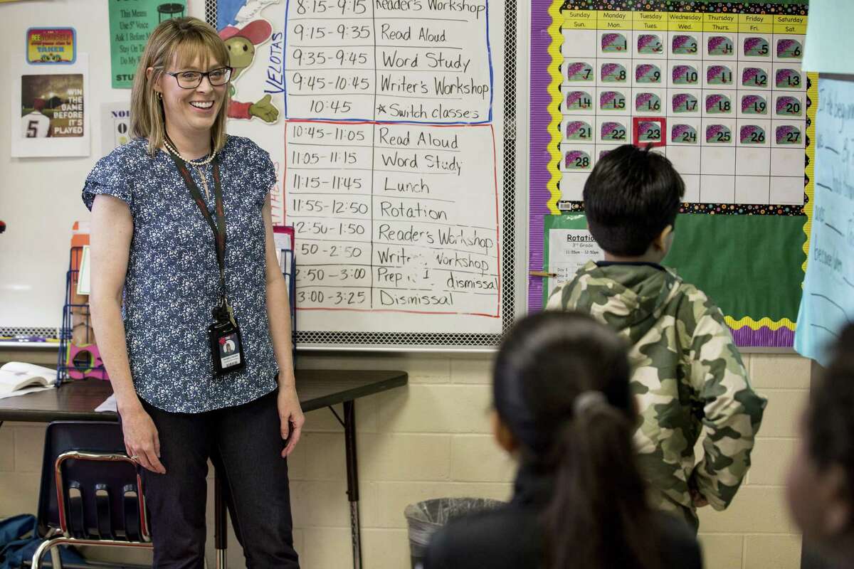 Rachel Velotas walks with her third grade class to lunch at Goodman Elementary School on Tuesday, April 23, 2019, in Houston. Two of Aldine ISD's longest-struggling elementary schools will be the first in the greater Houston area to pilot a program aimed at aggressively turning around academic performances next year. The Accelerated Campus Learning program, or ACE, has been credited for improving student outcomes at several Dallas ISD schools and others in North Texas.