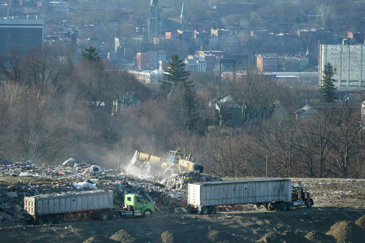 A view of work being done at the Dunn C&D Landfill on Monday, Jan. 14, 2019, in Rensselaer, N.Y. The city of Albany is seen in the background. (Paul Buckowski/Times Union)