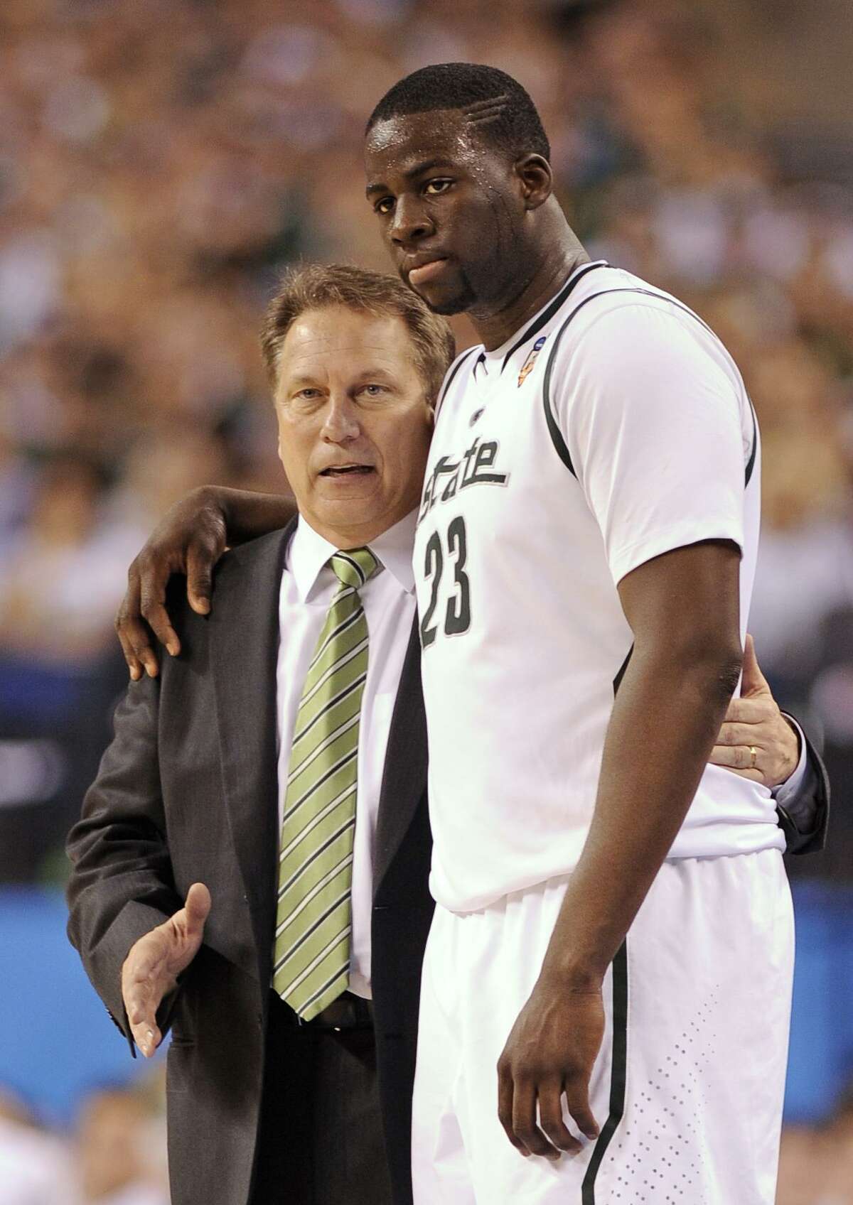 Michigan State head coach Tom Izzo talks with forward Draymond Green during the second half against Butler in a men's NCAA Final Four semifinal college basketball game Saturday, April 3, 2010, in Indianapolis. (AP Photo/Mark J. Terrill)