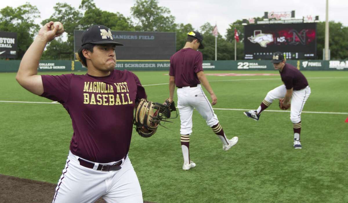 Willie Ibarra #10 of Magnolia West warms up before Game 1 of a Region III-5A semifinal high school baseball series at Darryl & Lori Schroeder Park, Wednesday, May 22, 2019, in Houston.