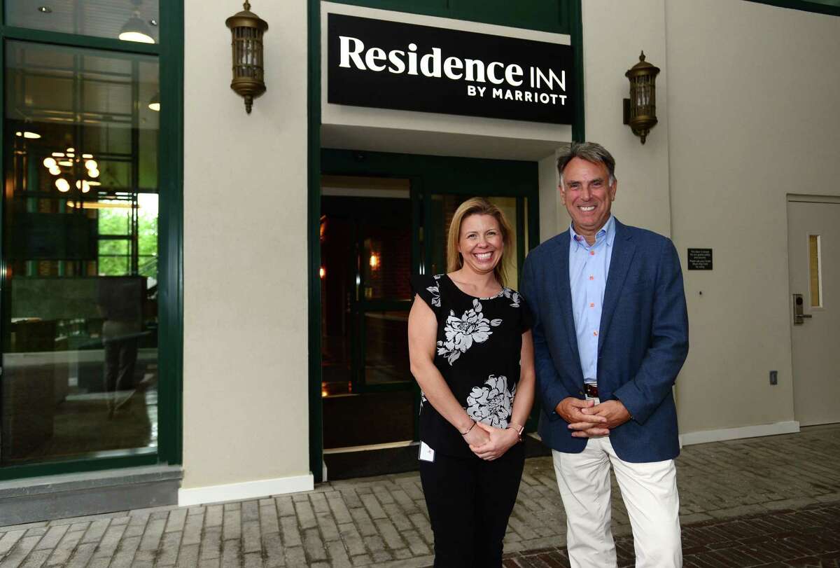 General Manager Dawn Gasper and F.D. Rich CEO, Tom Rich, at the new Residence Inn by Marriott Tuesday, May 28, 2019, in Norwalk, Conn. The new extended stay hotel opens Thursday in South Norwalk,