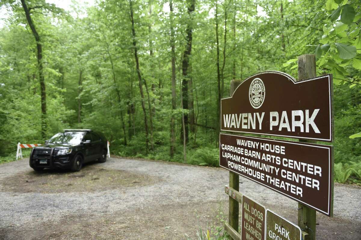 Police block off trails as they search for missing person Jennifer Dulos on the southern end of Waveny Park in New Canaan on May 29.